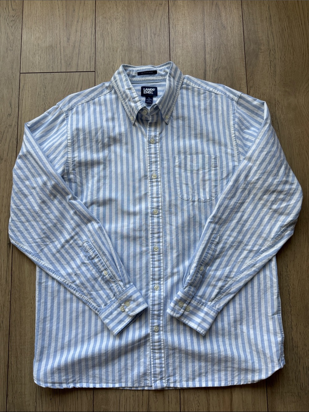 Lands End Sail Rigger Oxford Button Up Men’s Large Blue White Stripe Long Sleeve